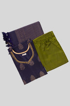 Flat lay of Navy Blue Pure Silk Womens Kurta set featuring Zari Butta Kurta paired with Mehandi Green Plain Body bottom and a Zari Butta dupatta in Mehandi Green