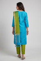 Sky Blue Pure Silk Womens Kurta set featuring Zari Butta Kurta paired with Mehandi Green Plain Body bottom and a Zari Butta dupatta in Mehandi Green back image displayed on an AI model