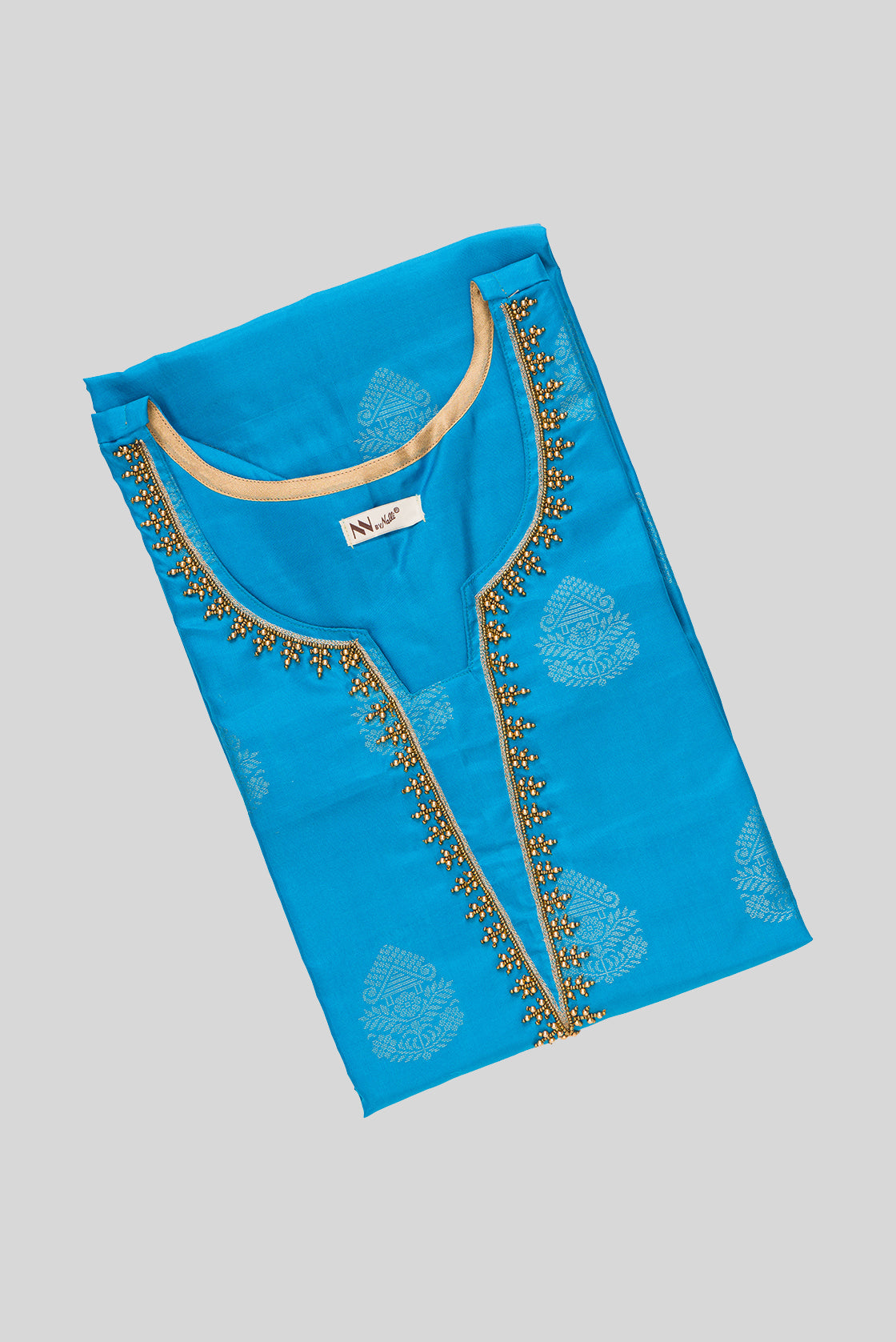 Top view of Sky Blue Pure Silk Womens Kurta set featuring Zari Butta Kurta paired with Mehandi Green Plain Body bottom and a Zari Butta dupatta in Mehandi Green