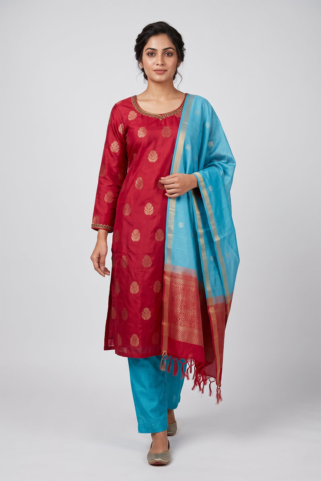 Maroon Pure Silk Womens Kurta set featuring Zari Butta Kurta paired with Sky Blue Plain Body bottom and a Zari Butta dupatta in Sky Blue