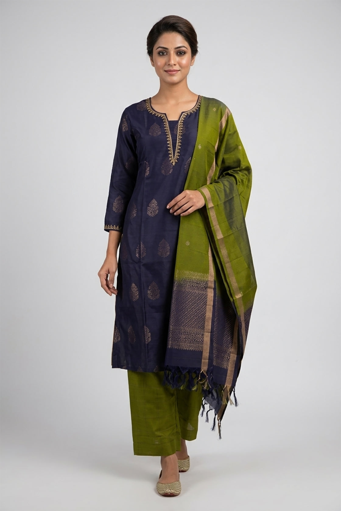 Navy Blue Pure Silk Womens Kurta set featuring Zari Butta Kurta paired with Mehandi Green Plain Body bottom and a Zari Butta dupatta in Mehandi Green