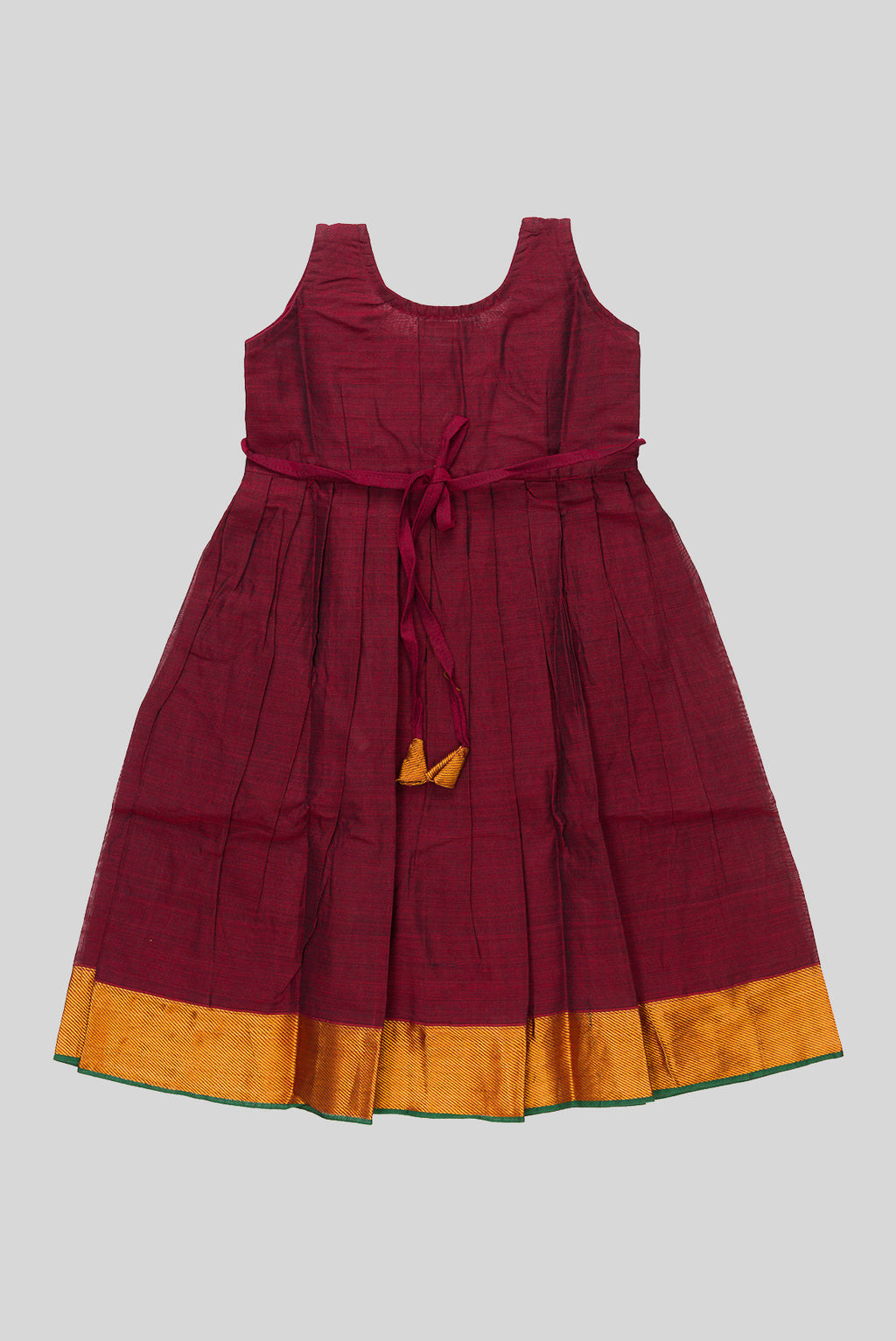 Flat lay back image of Maroon  Kids Ethnic Dress featuring a U-neck, Sleeveless Design and Plain Body Pattern with Gold Zari Detailing