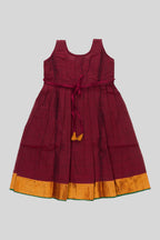 Flat lay back image of Maroon  Kids Ethnic Dress featuring a U-neck, Sleeveless Design and Plain Body Pattern with Gold Zari Detailing