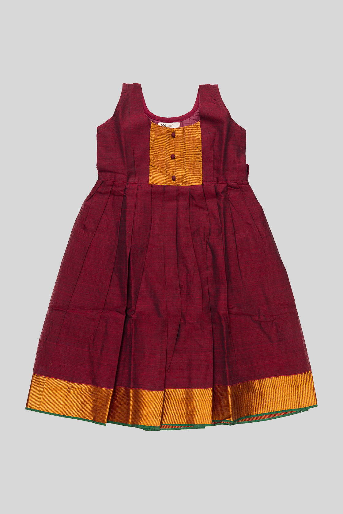 Maroon  Kids Ethnic Dress featuring a U-neck, Sleeveless Design and Plain Body Pattern with Gold Zari Detailing