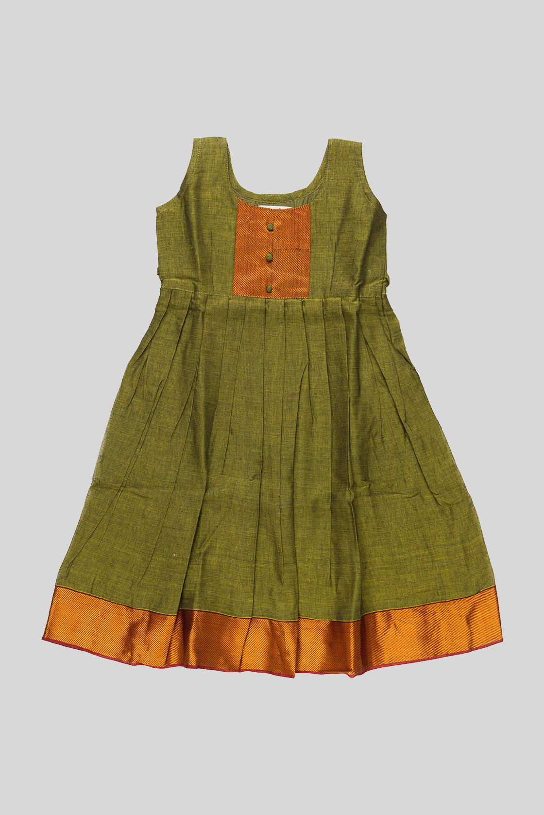 Mehandi Green  Kids Ethnic Dress featuring a U-neck, Sleeveless Design and Plain Body Pattern with Gold Zari Detailing