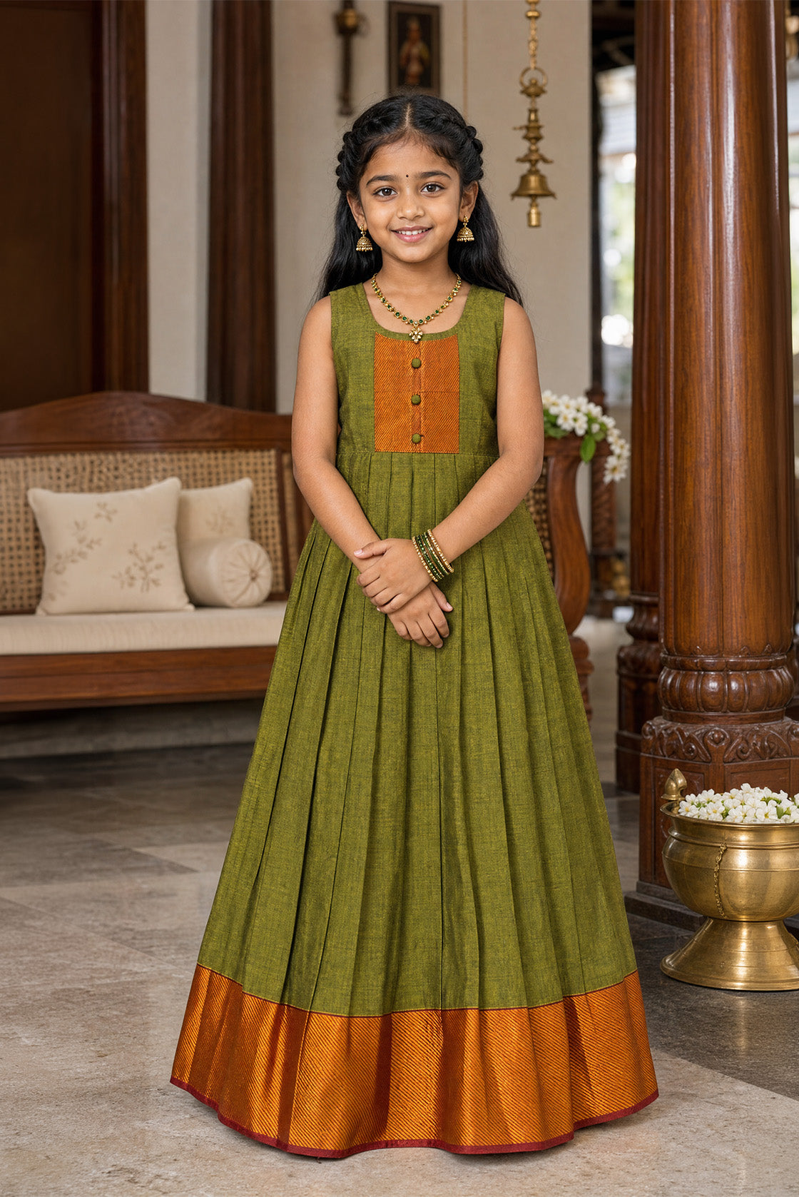Mehandi Green  Kids Ethnic Dress featuring a U-neck, Sleeveless Design and Plain Body Pattern with Gold Zari Detailing