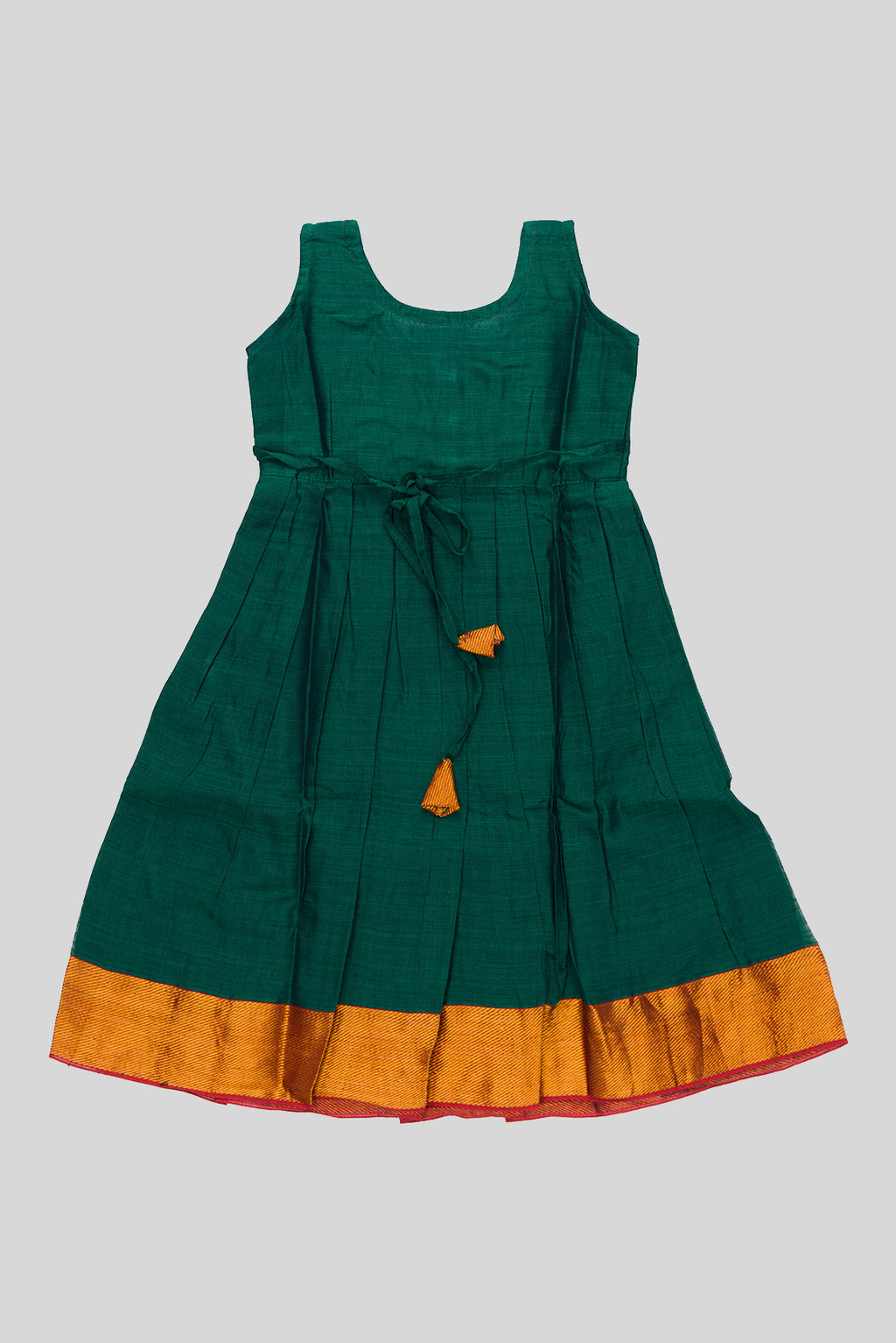 Flat lay back image of Green  Kids Ethnic Dress featuring a U-neck, Sleeveless Design and Plain Body Pattern with Gold Zari Detailing