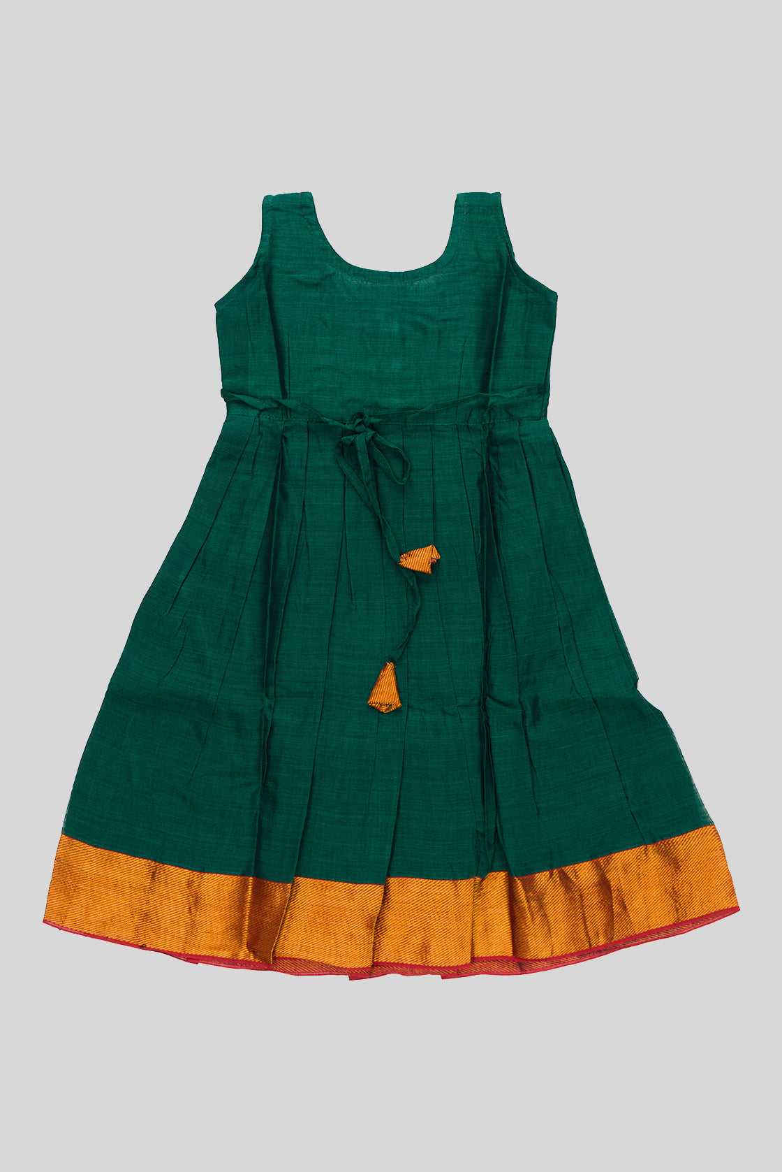 Flat lay back image of Green  Kids Ethnic Dress featuring a U-neck, Sleeveless Design and Plain Body Pattern with Gold Zari Detailing