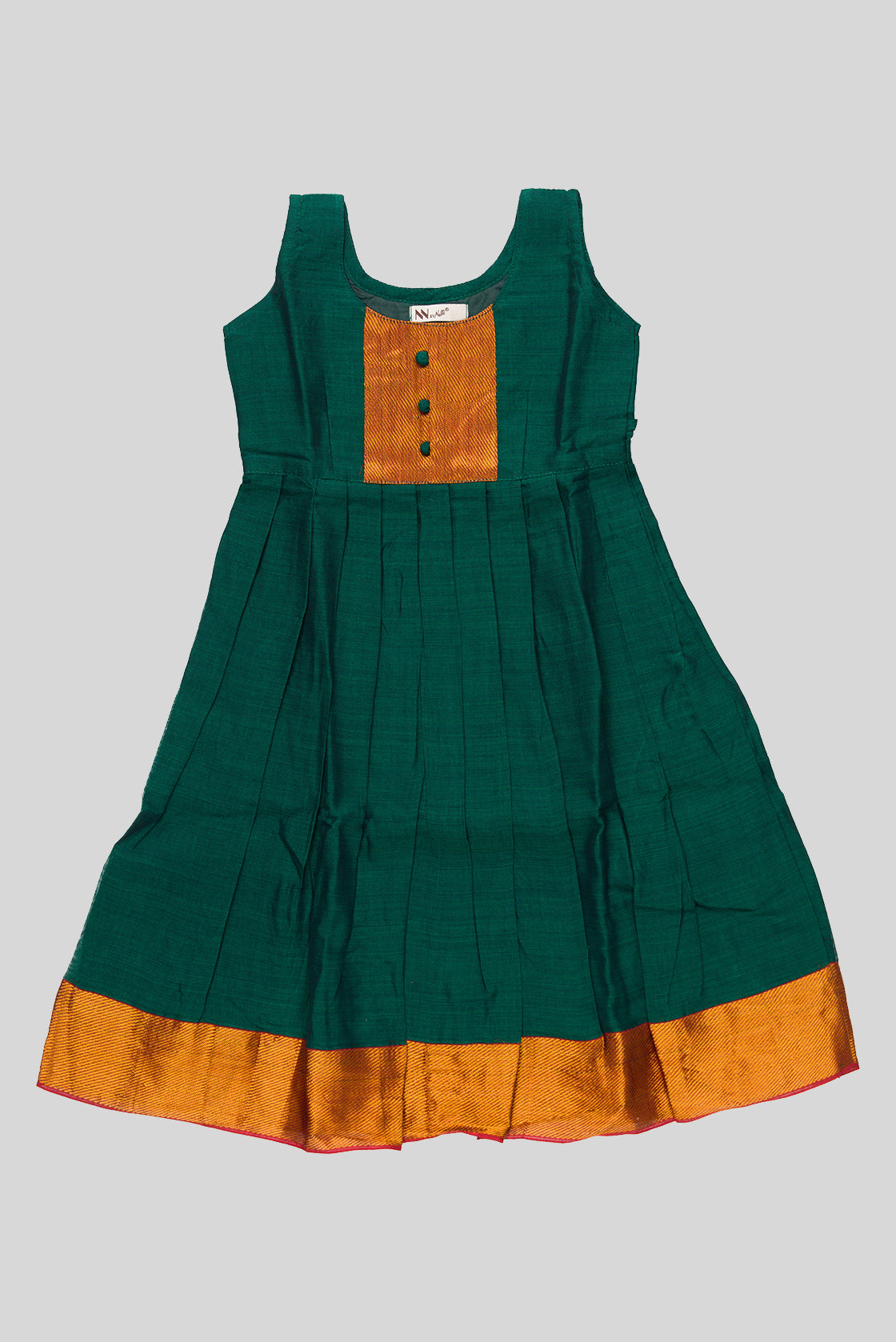 Green  Kids Ethnic Dress featuring a U-neck, Sleeveless Design and Plain Body Pattern with Gold Zari Detailing