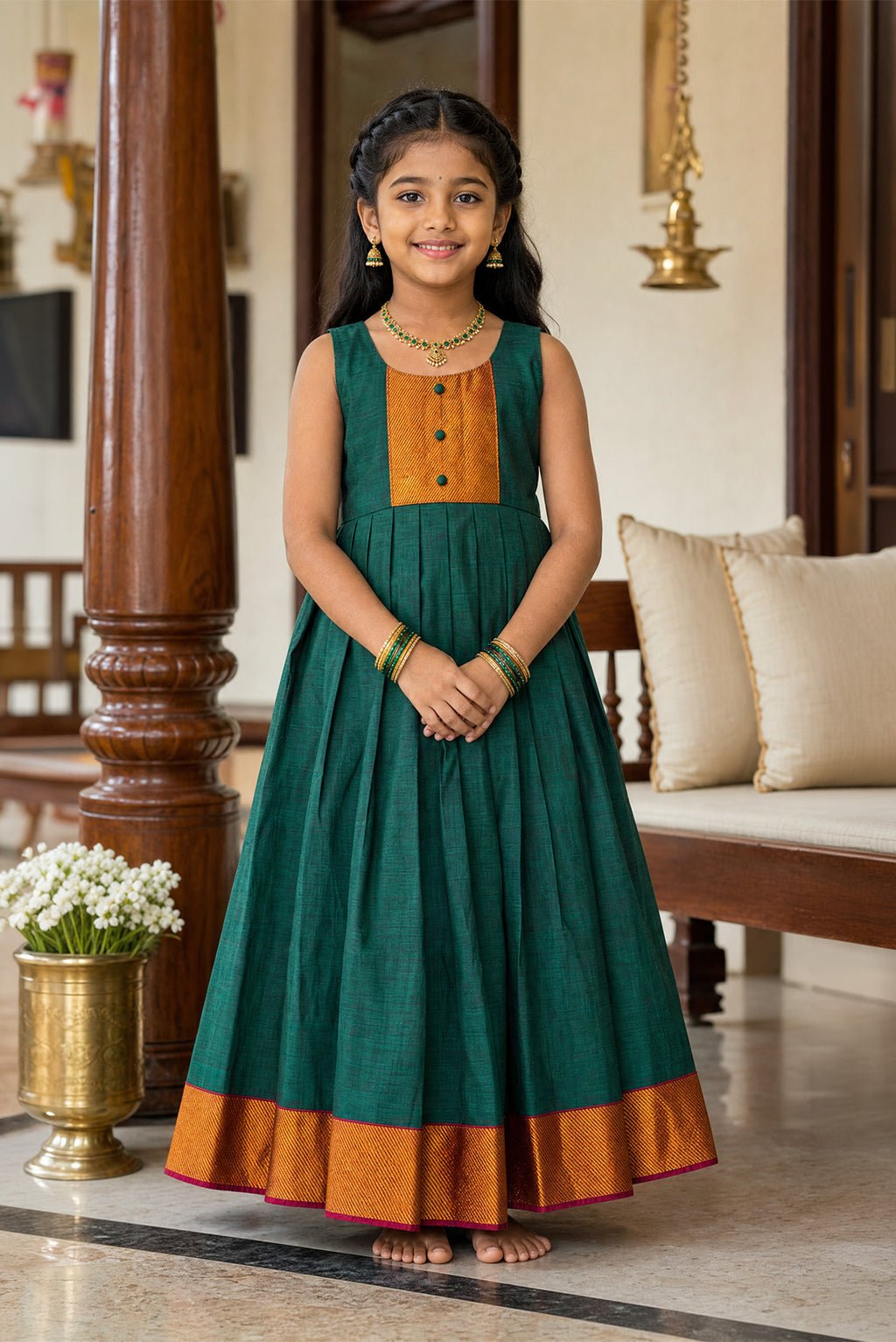 Green  Kids Ethnic Dress featuring a U-neck, Sleeveless Design and Plain Body Pattern with Gold Zari Detailing