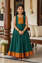 Green  Kids Ethnic Dress featuring a U-neck, Sleeveless Design and Plain Body Pattern with Gold Zari Detailing