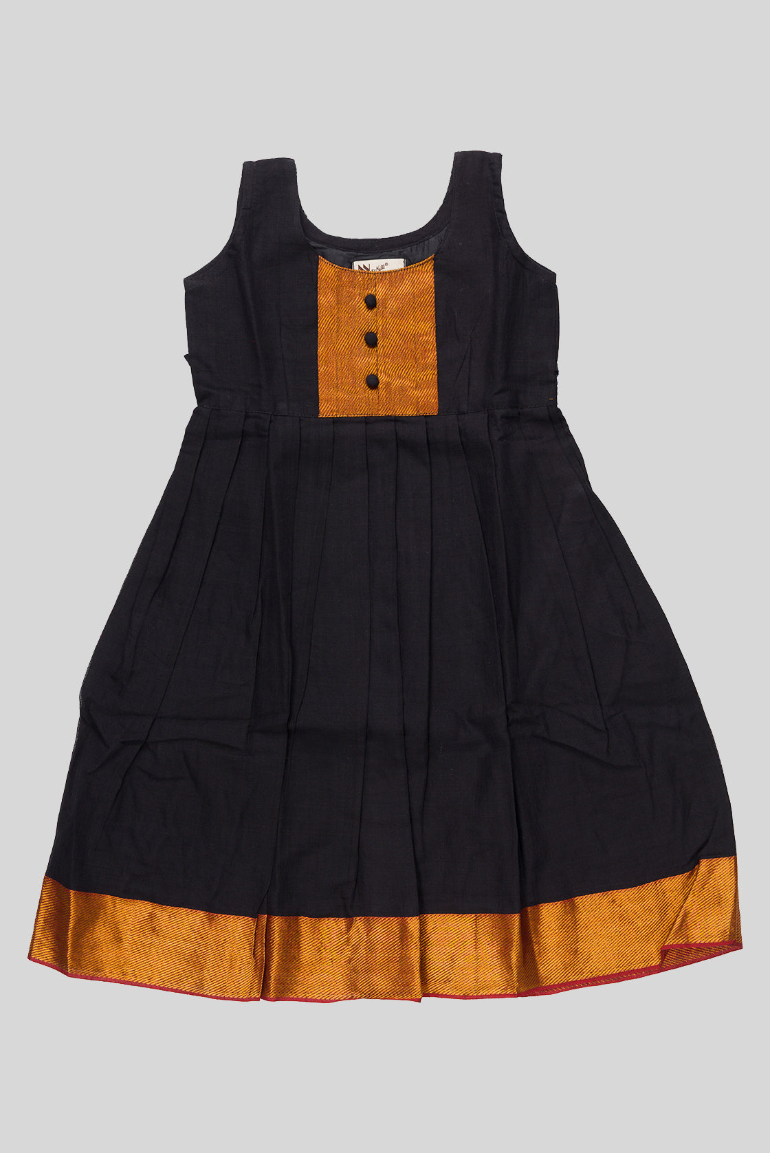 Black  Kids Ethnic Dress featuring a U-neck, Sleeveless Design and Plain Body Pattern with Gold Zari Detailing