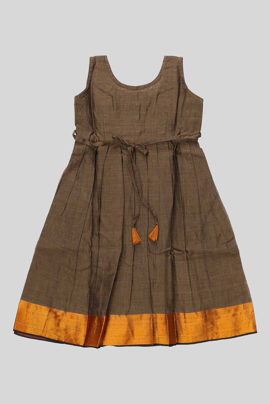 Flat lay back image of Brown  Kids Ethnic Dress featuring a U-neck, Sleeveless Design and Plain Body Pattern with Gold Zari Detailing