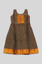 Brown  Kids Ethnic Dress featuring a U-neck, Sleeveless Design and Plain Body Pattern with Gold Zari Detailing