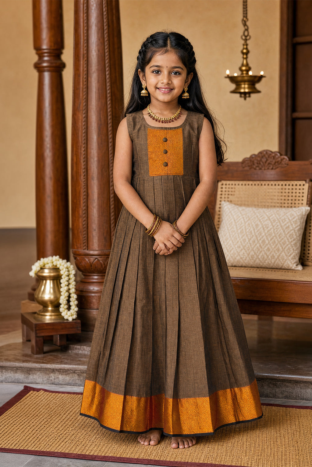 Brown  Kids Ethnic Dress featuring a U-neck, Sleeveless Design and Plain Body Pattern with Gold Zari Detailing