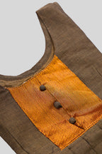 Close up blouse image of Brown  Kids Ethnic Dress featuring a U-neck, Sleeveless Design and Plain Body Pattern with Gold Zari Detailing