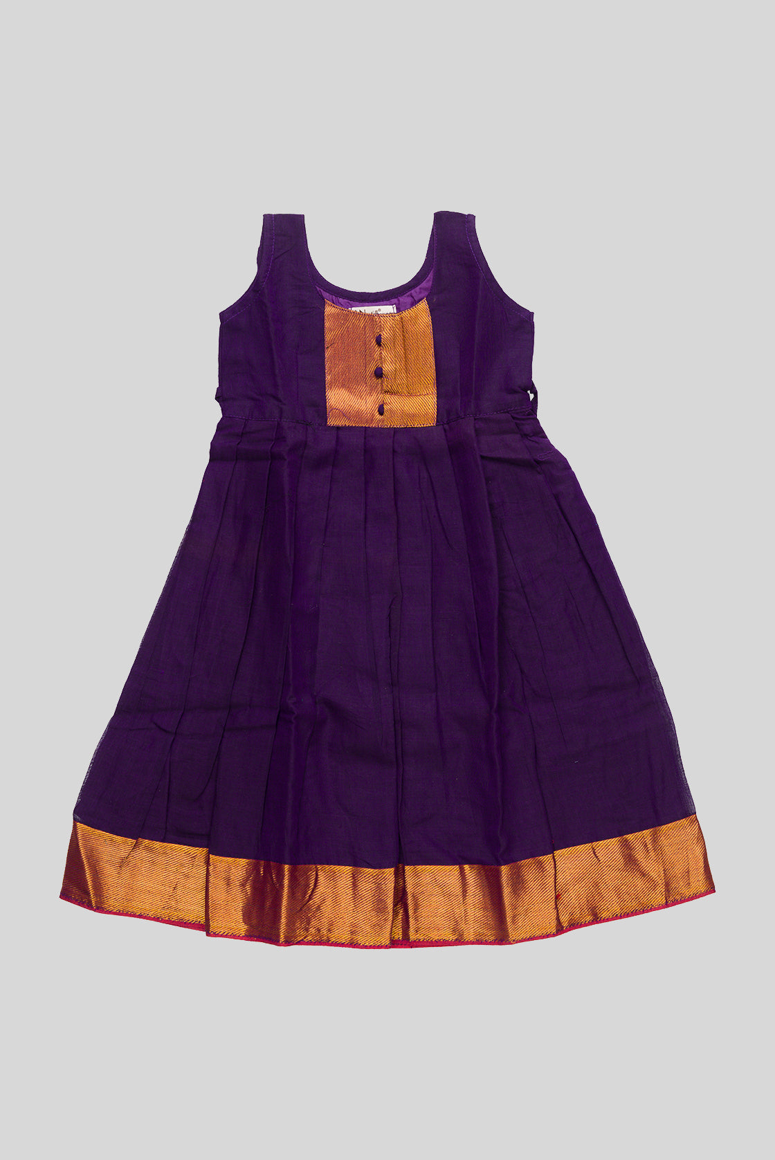Violet  Kids Ethnic Dress featuring a U-neck, Sleeveless Design and Plain Body Pattern with Gold Zari Detailing