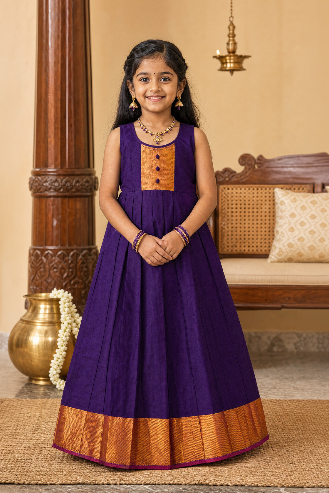 Violet  Kids Ethnic Dress featuring a U-neck, Sleeveless Design and Plain Body Pattern with Gold Zari Detailing