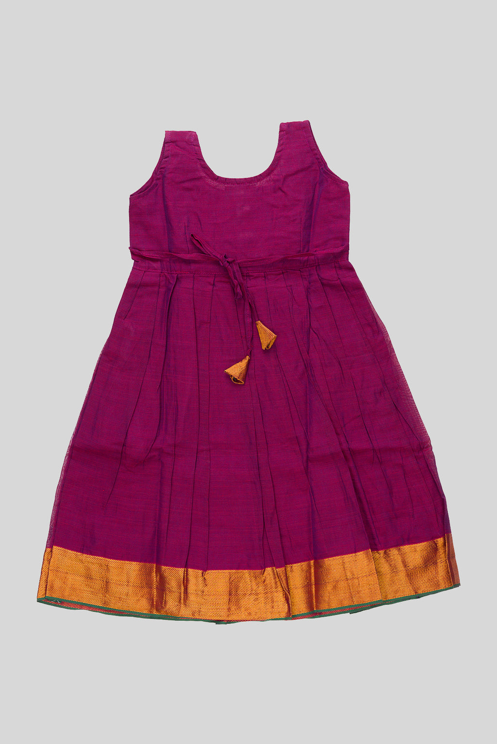 Flat lay back image of Magenta  Kids Ethnic Dress featuring a U-neck, Sleeveless Design and Plain Body Pattern with Gold Zari Detailing