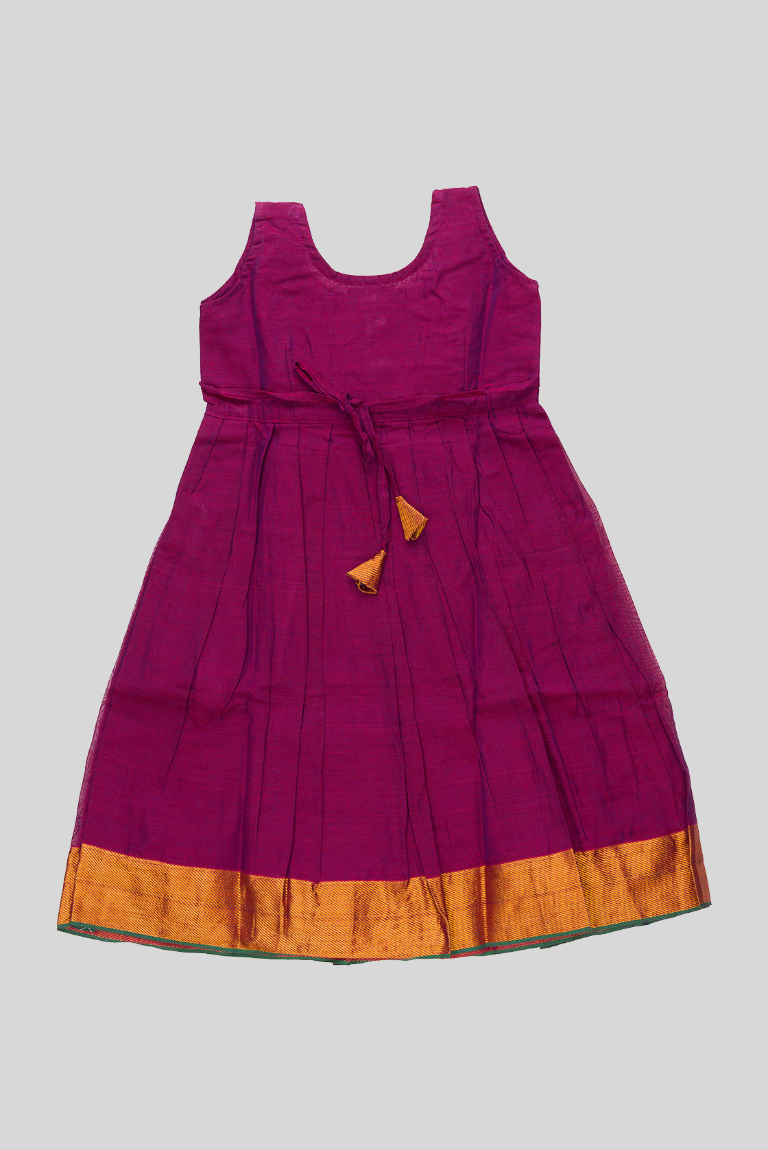 Flat lay back image of Magenta  Kids Ethnic Dress featuring a U-neck, Sleeveless Design and Plain Body Pattern with Gold Zari Detailing