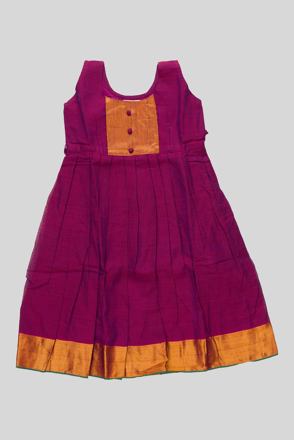 Magenta  Kids Ethnic Dress featuring a U-neck, Sleeveless Design and Plain Body Pattern with Gold Zari Detailing