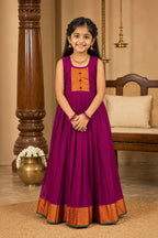 Magenta  Kids Ethnic Dress featuring a U-neck, Sleeveless Design and Plain Body Pattern with Gold Zari Detailing