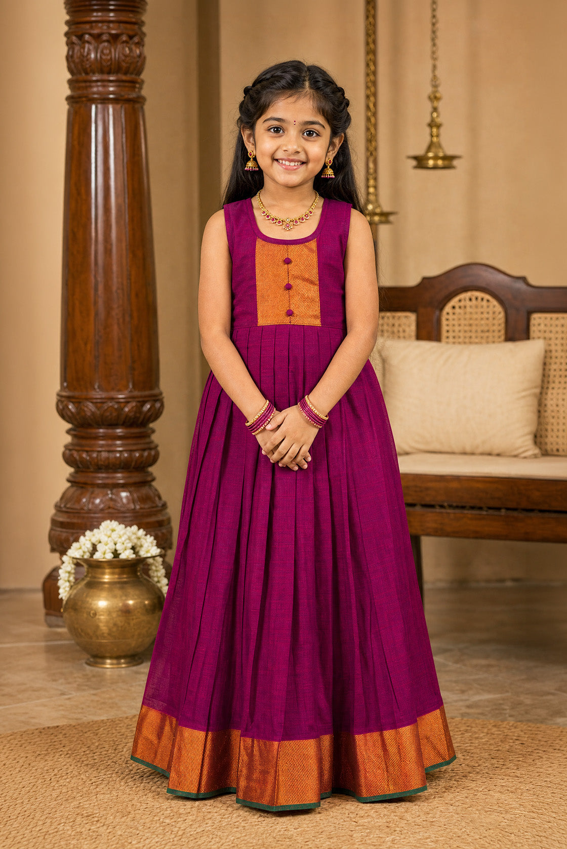 Magenta  Kids Ethnic Dress featuring a U-neck, Sleeveless Design and Plain Body Pattern with Gold Zari Detailing