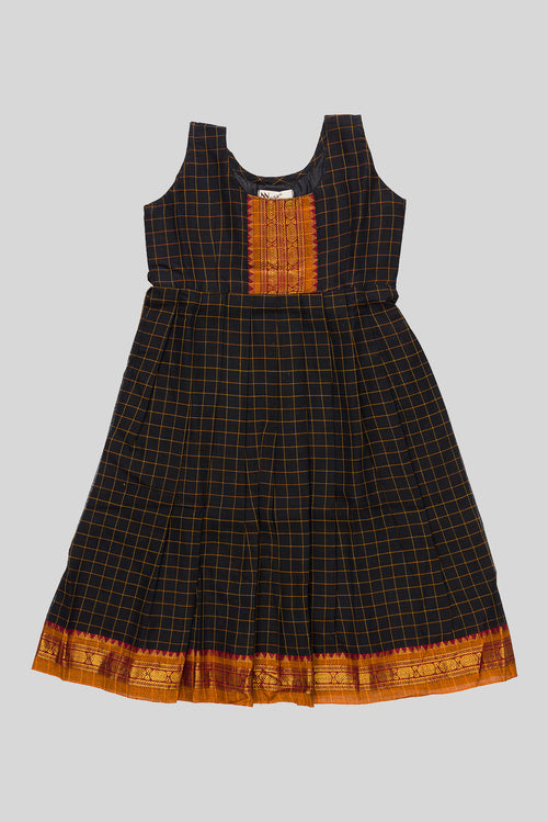 Black  Kids Ethnic Dress featuring a U-neck, Sleeveless Design and Checks Pattern with Gold Zari Detailing