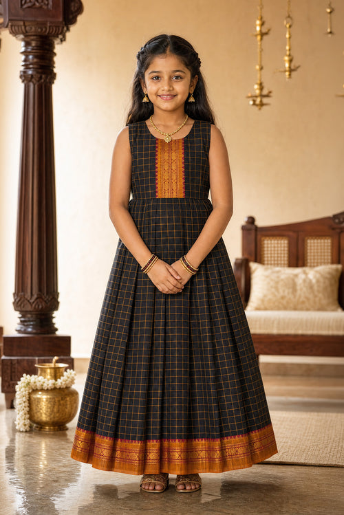 Black  Kids Ethnic Dress featuring a U-neck, Sleeveless Design and Checks Pattern with Gold Zari Detailing