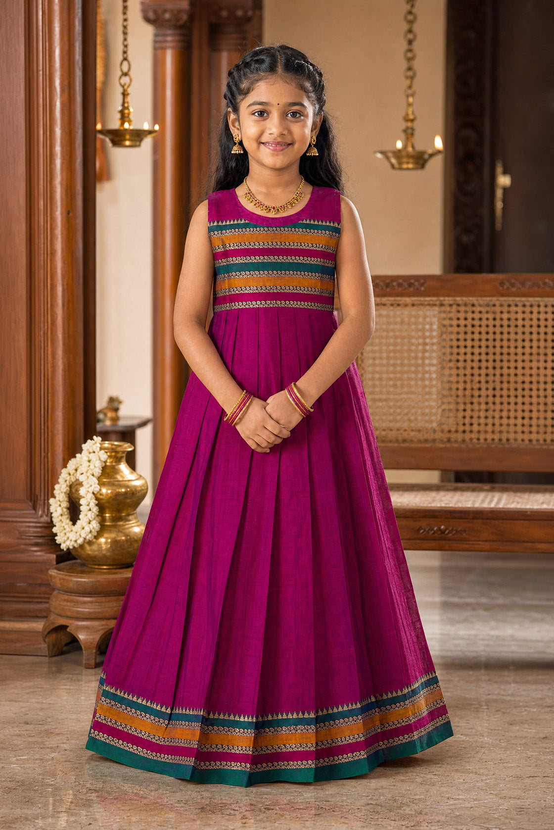 Magenta  Kids Ethnic Dress featuring a U-neck, Unstitched Design and Plain Body Pattern with No Color Zari Detailing