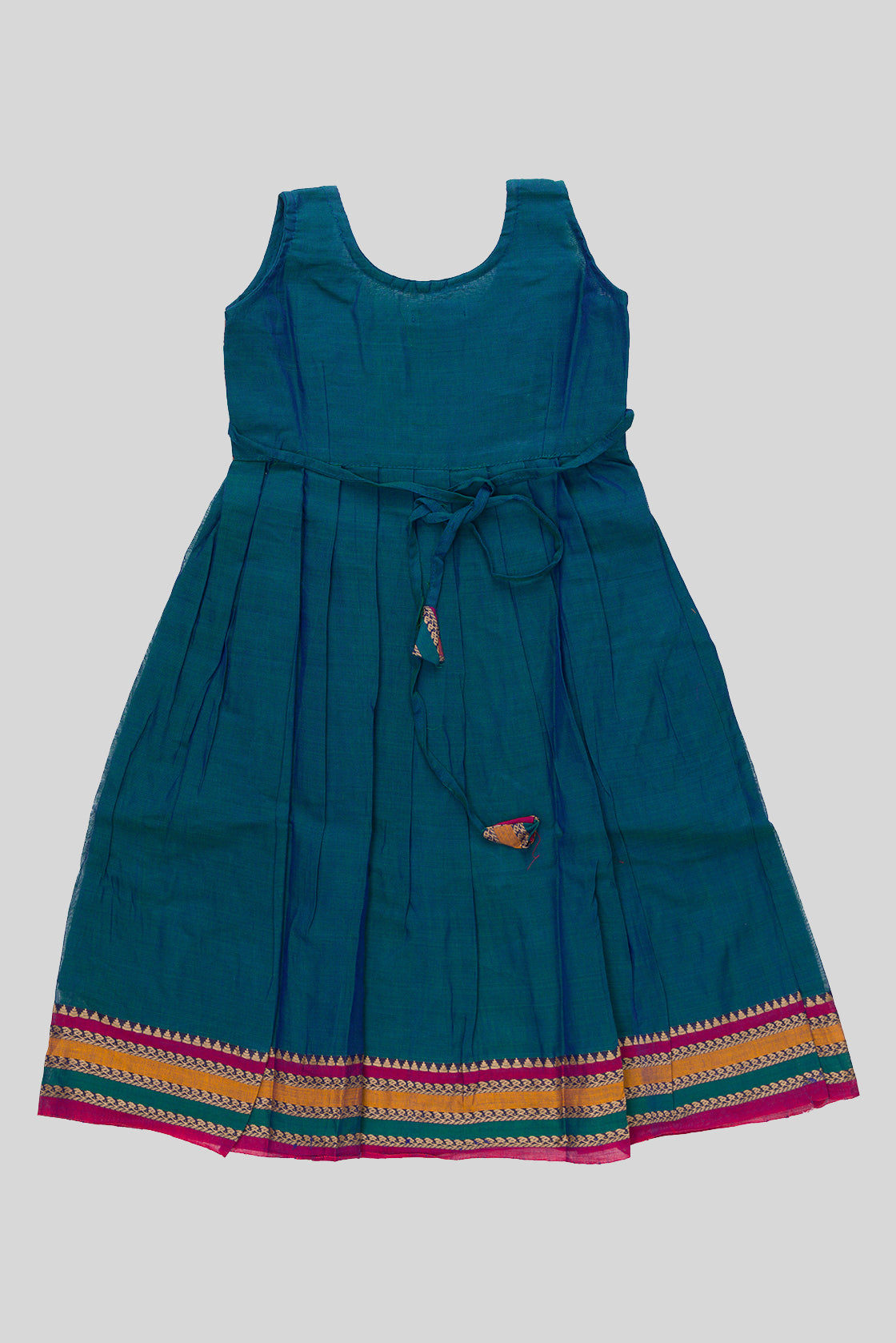Flat lay back image of Peacock Blue  Kids Ethnic Dress featuring a U-neck, Sleeveless Design and Plain Body Pattern with No Color Zari Detailing