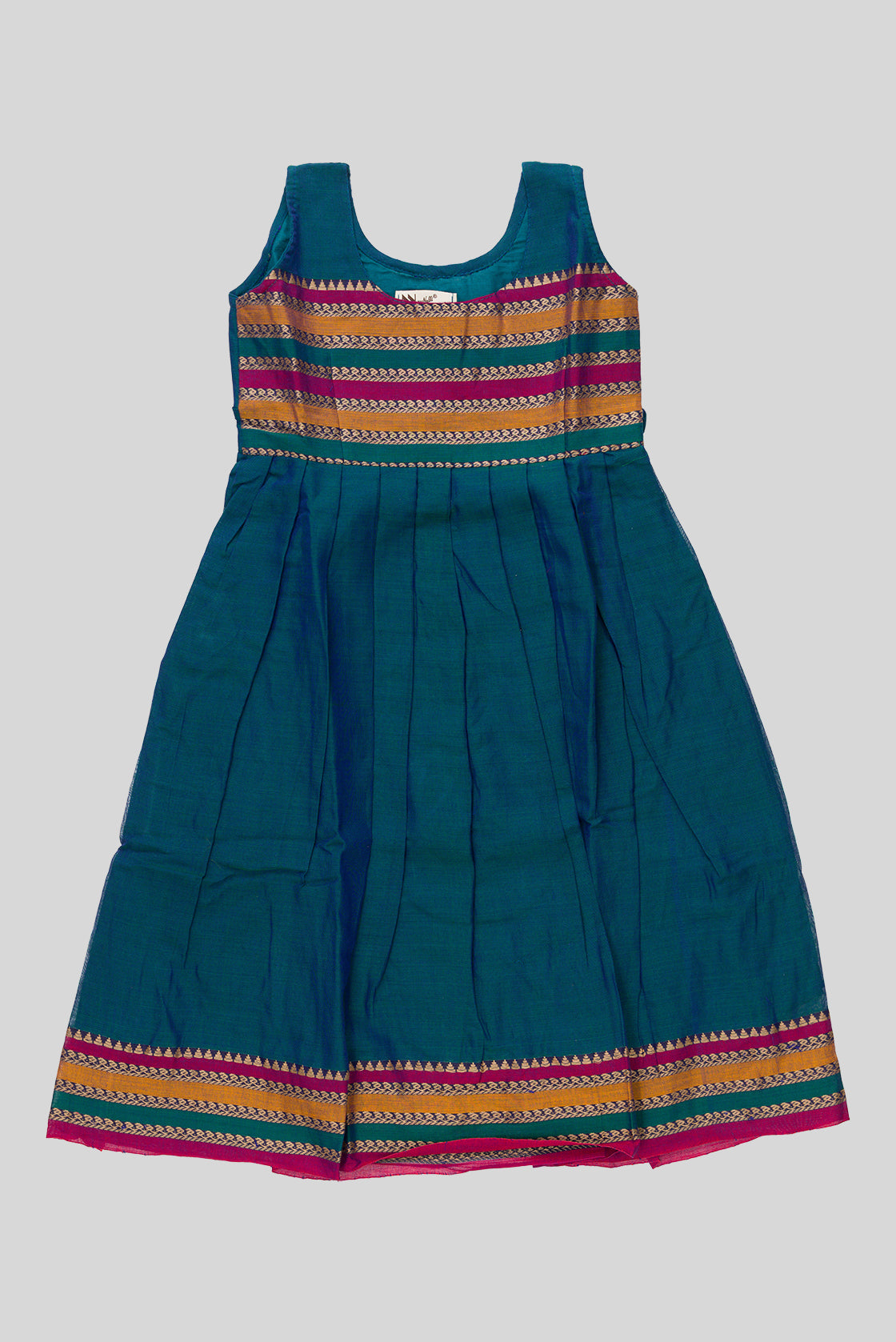Peacock Blue  Kids Ethnic Dress featuring a U-neck, Sleeveless Design and Plain Body Pattern with No Color Zari Detailing