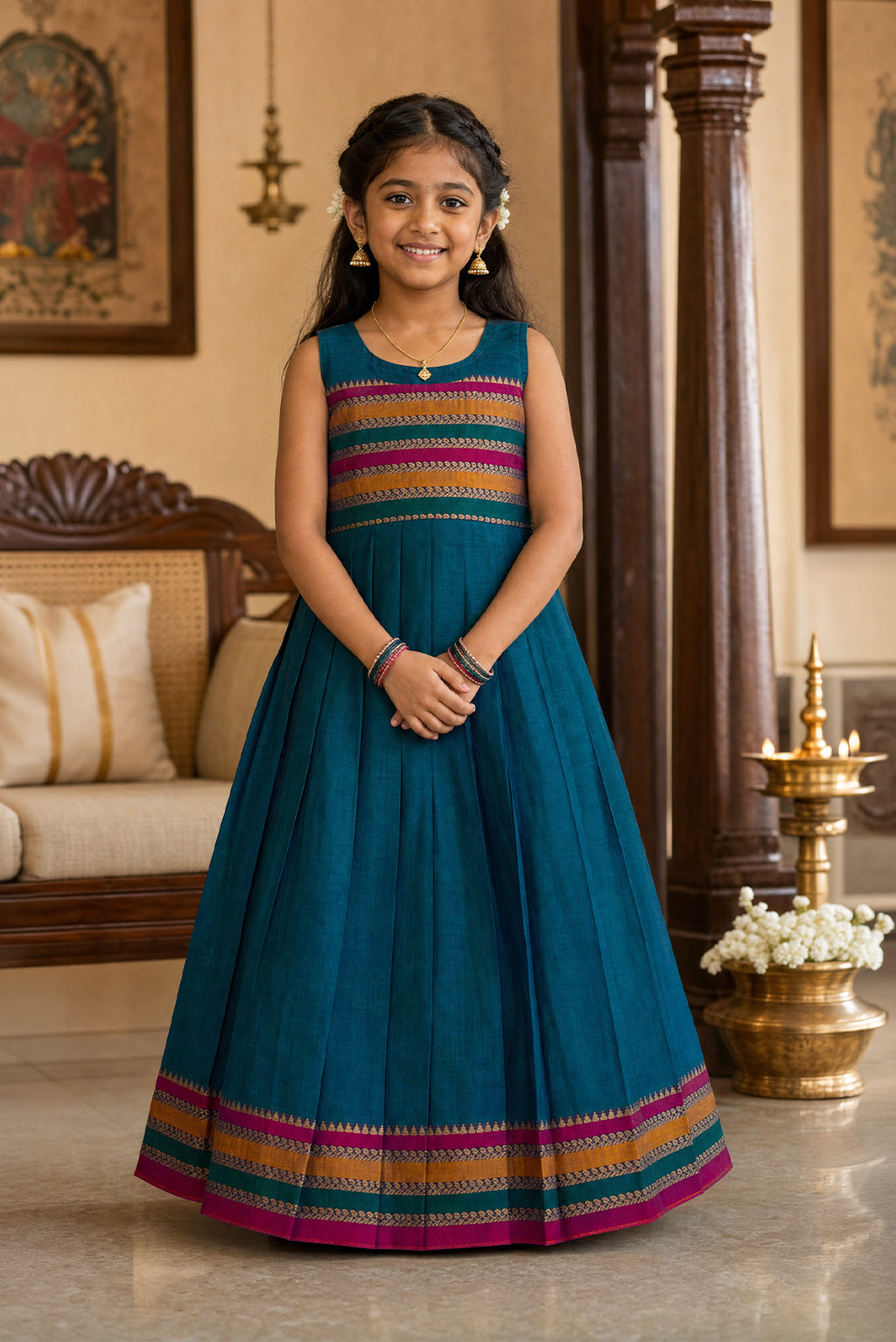 Peacock Blue  Kids Ethnic Dress featuring a U-neck, Sleeveless Design and Plain Body Pattern with No Color Zari Detailing