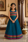 Peacock Blue  Kids Ethnic Dress featuring a U-neck, Sleeveless Design and Plain Body Pattern with No Color Zari Detailing