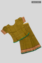 Flat lay back image of Green Readymade Cotton Pavadai Set with Zari Butta on the body and Thread Border