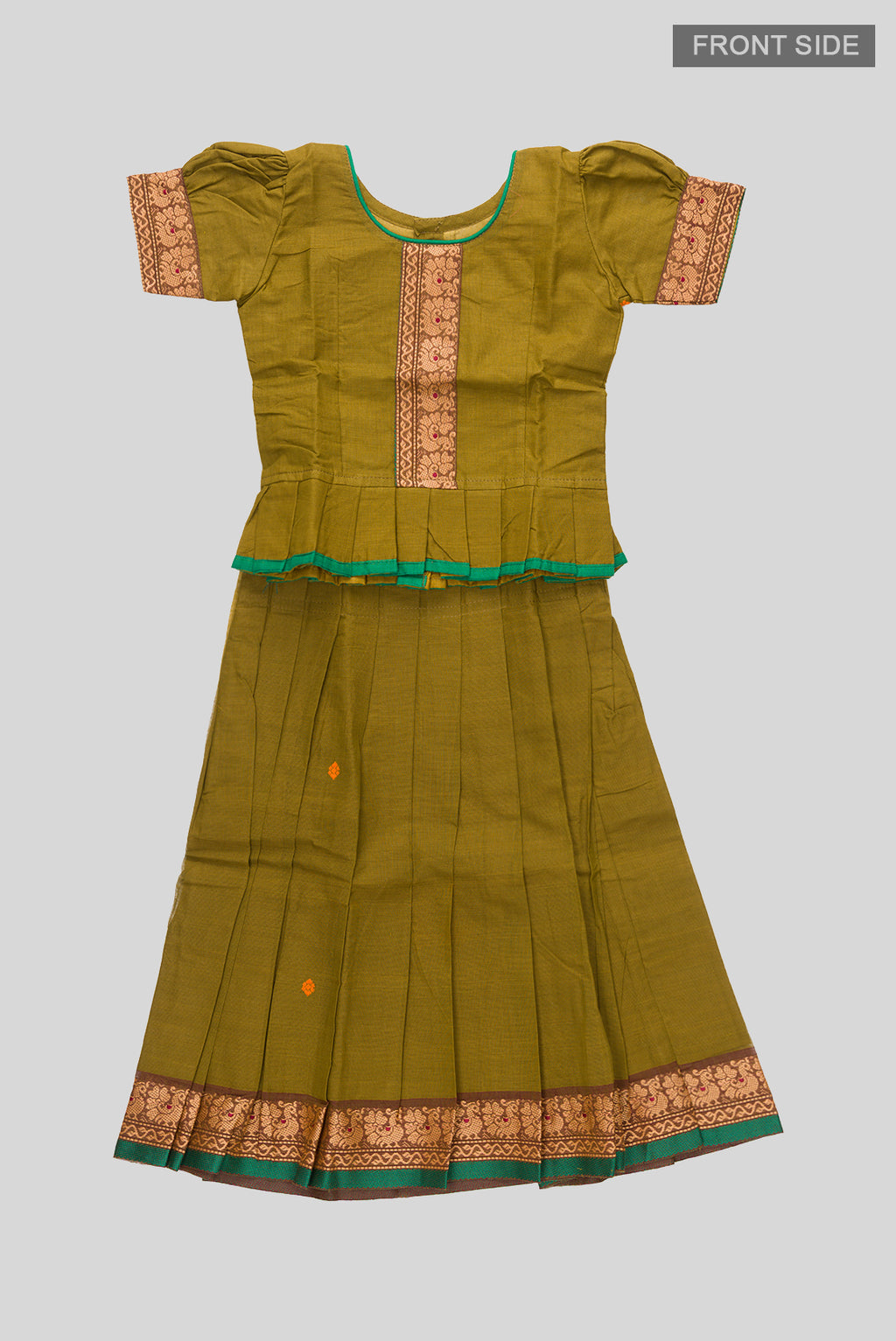 Flat lay front image of Green Readymade Cotton Pavadai Set with Zari Butta on the body and Thread Border