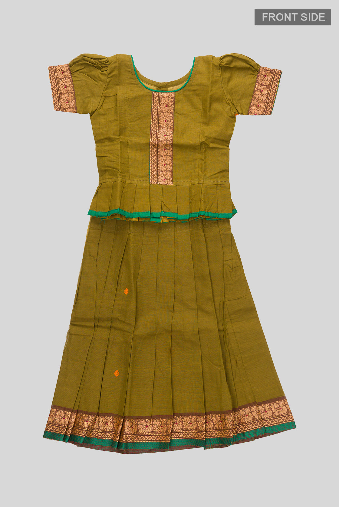Flat lay front image of Green Readymade Cotton Pavadai Set with Zari Butta on the body and Thread Border
