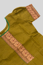Close up sleeve details of Green Readymade Cotton Pavadai Set with Zari Butta on the body and Thread Border