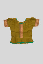 Close up blouse image of Green Readymade Cotton Pavadai Set with Zari Butta on the body and Thread Border
