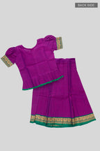 Flat lay back image of Green Readymade Cotton Pavadai Set with Zari Butta on the body and Thread Border