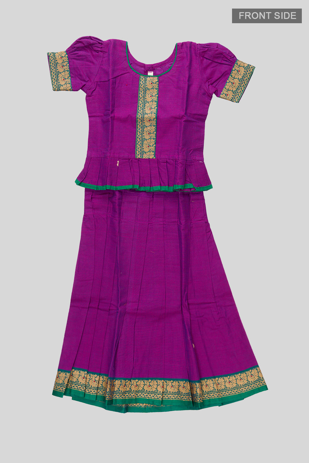 Flat lay front image of Green Readymade Cotton Pavadai Set with Zari Butta on the body and Thread Border