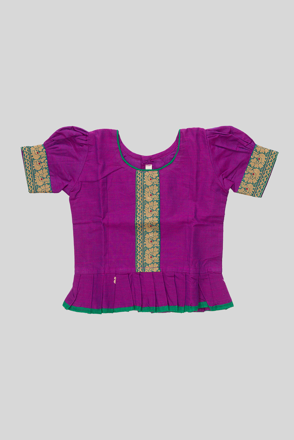 Close up blouse image of Green Readymade Cotton Pavadai Set with Zari Butta on the body and Thread Border