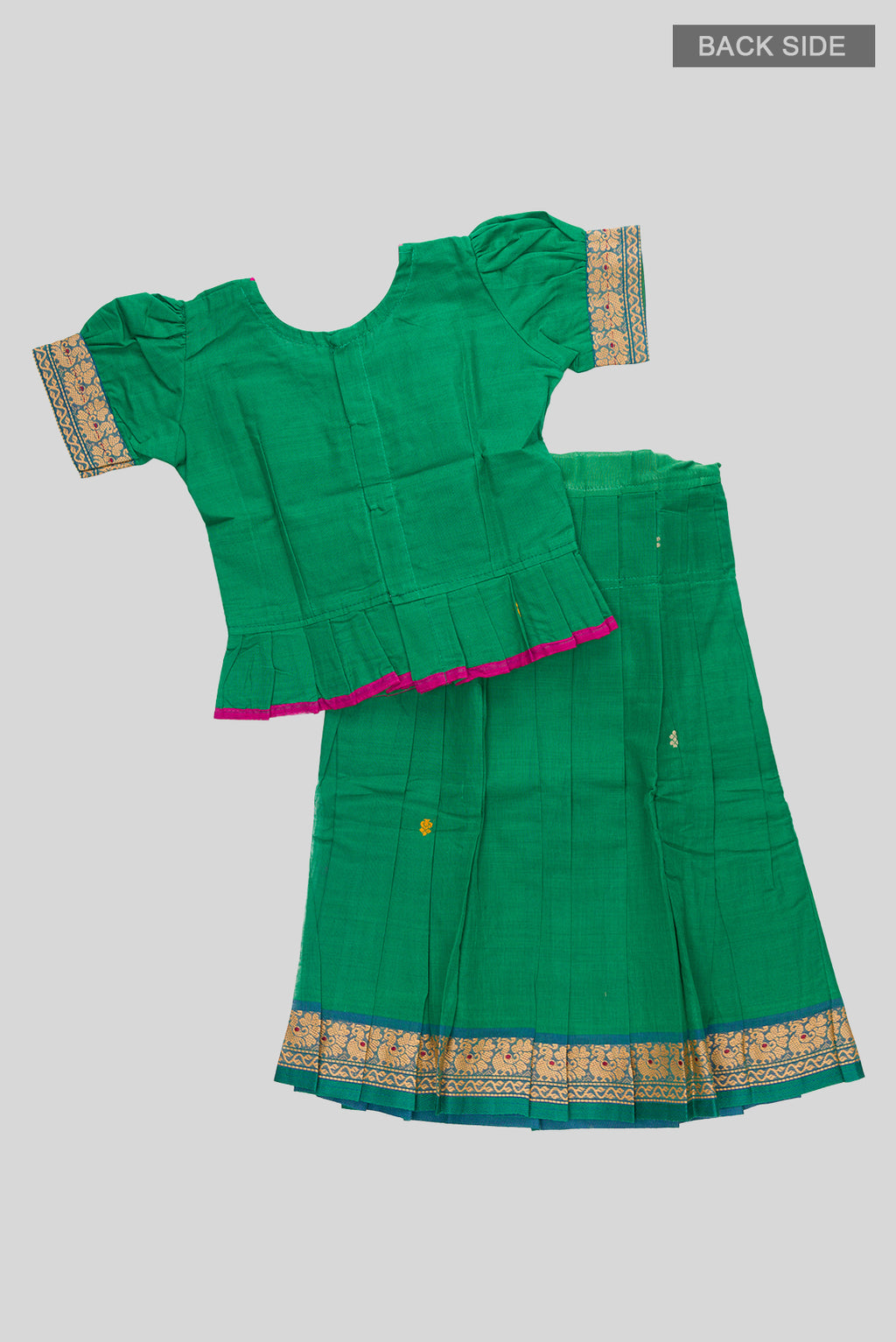 Flat lay back image of Green Readymade Cotton Pavadai Set with Zari Butta on the body and Thread Border