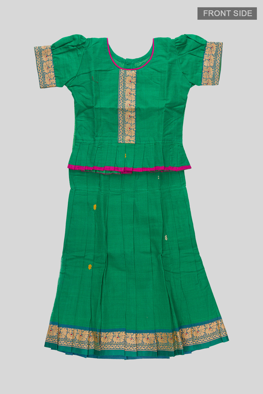Flat lay front image of Green Readymade Cotton Pavadai Set with Zari Butta on the body and Thread Border