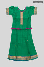 Flat lay front image of Green Readymade Cotton Pavadai Set with Zari Butta on the body and Thread Border