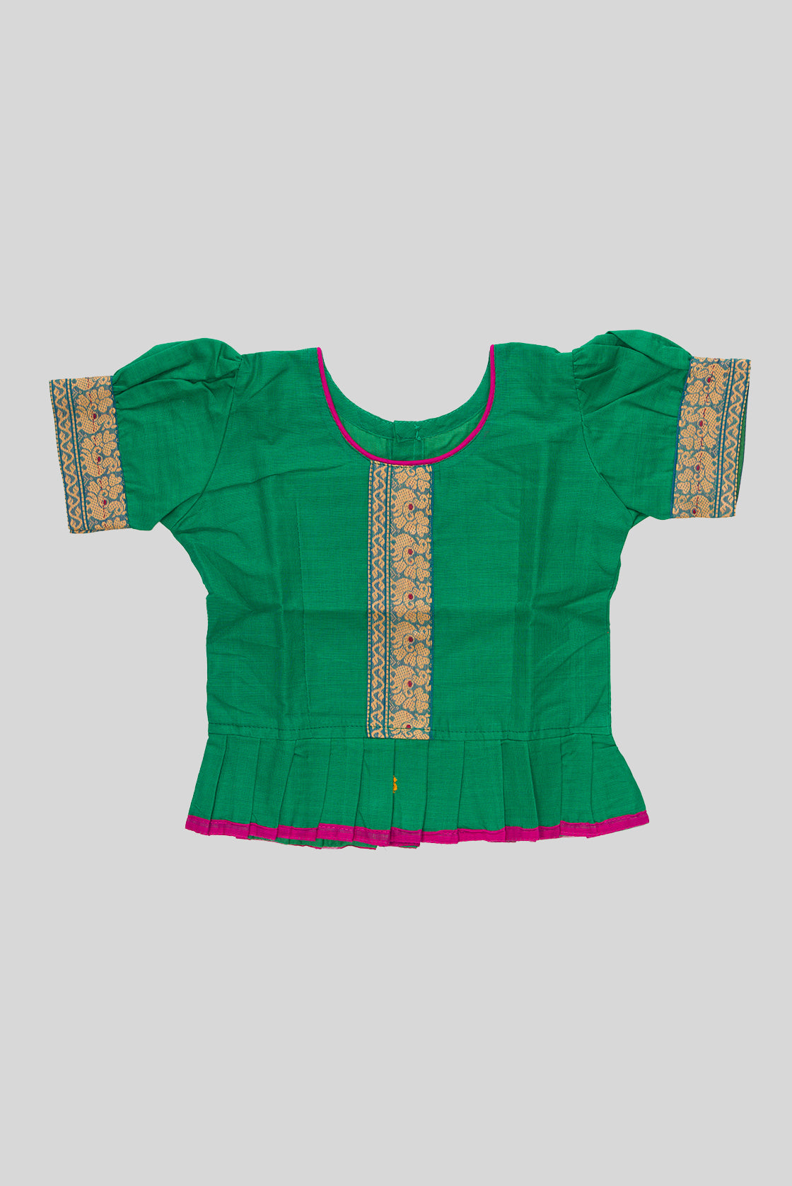 Close up blouse image of Green Readymade Cotton Pavadai Set with Zari Butta on the body and Thread Border