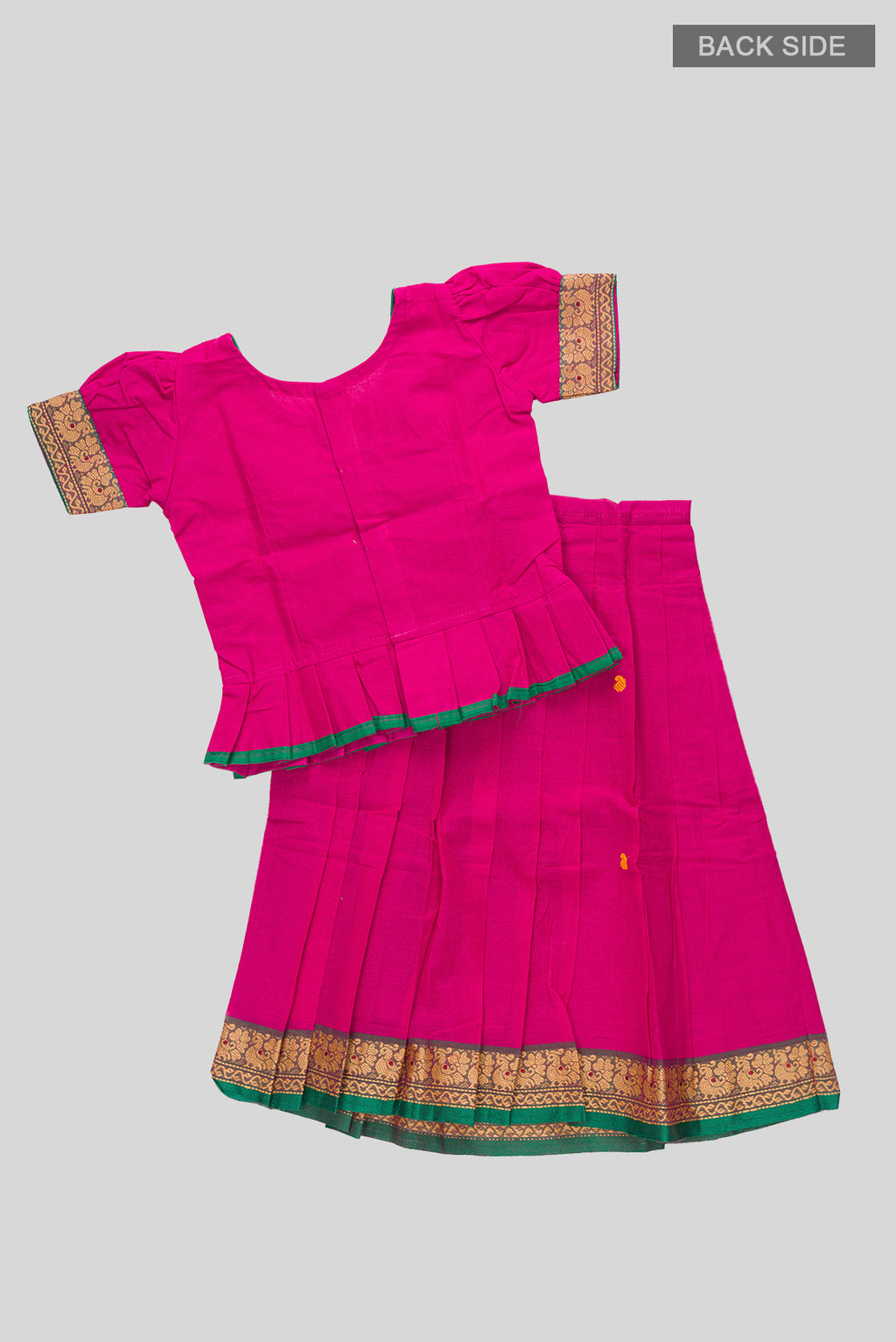 Flat lay back image of Green Readymade Cotton Pavadai Set with Zari Butta on the body and Thread Border