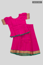 Flat lay back image of Green Readymade Cotton Pavadai Set with Zari Butta on the body and Thread Border