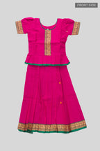 Flat lay front image of Green Readymade Cotton Pavadai Set with Zari Butta on the body and Thread Border