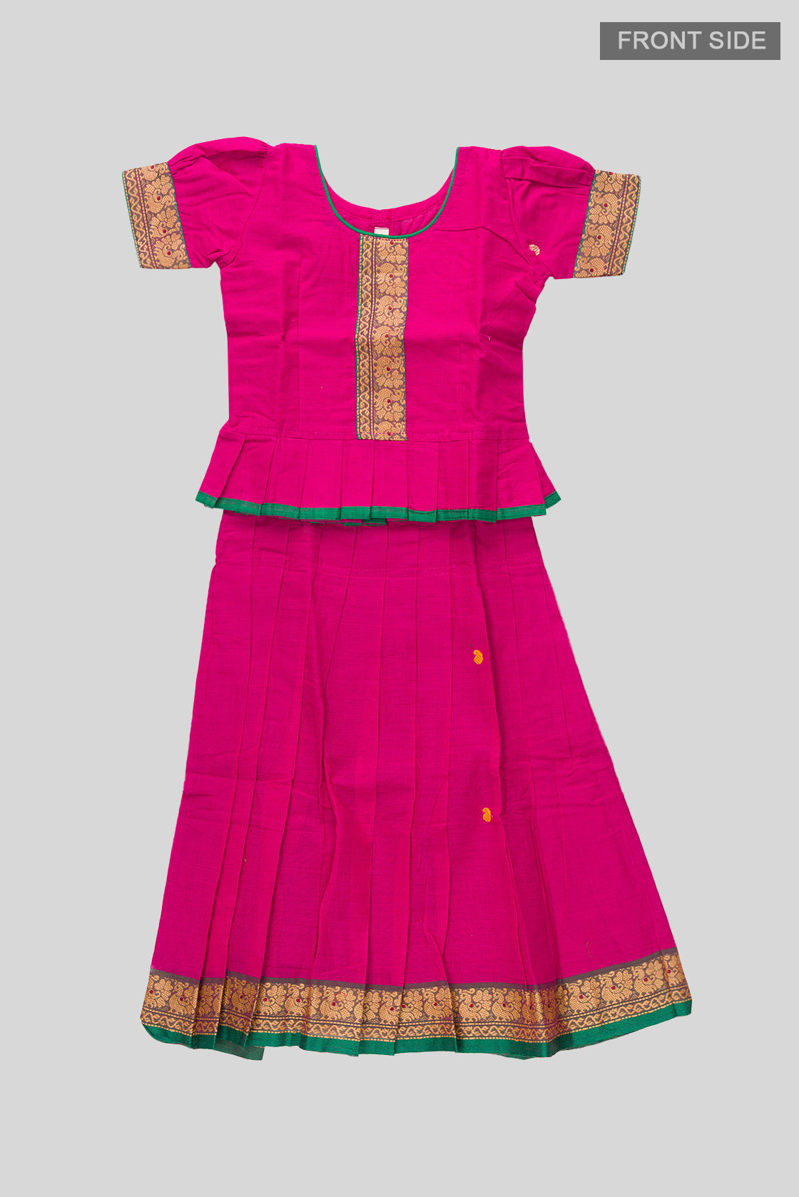 Flat lay front image of Green Readymade Cotton Pavadai Set with Zari Butta on the body and Thread Border